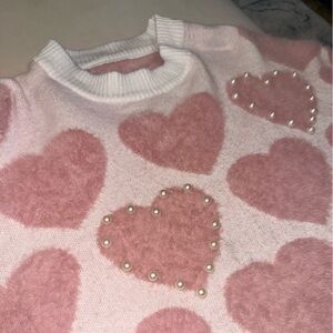 Pink Heart Sweater with Pearl Accents